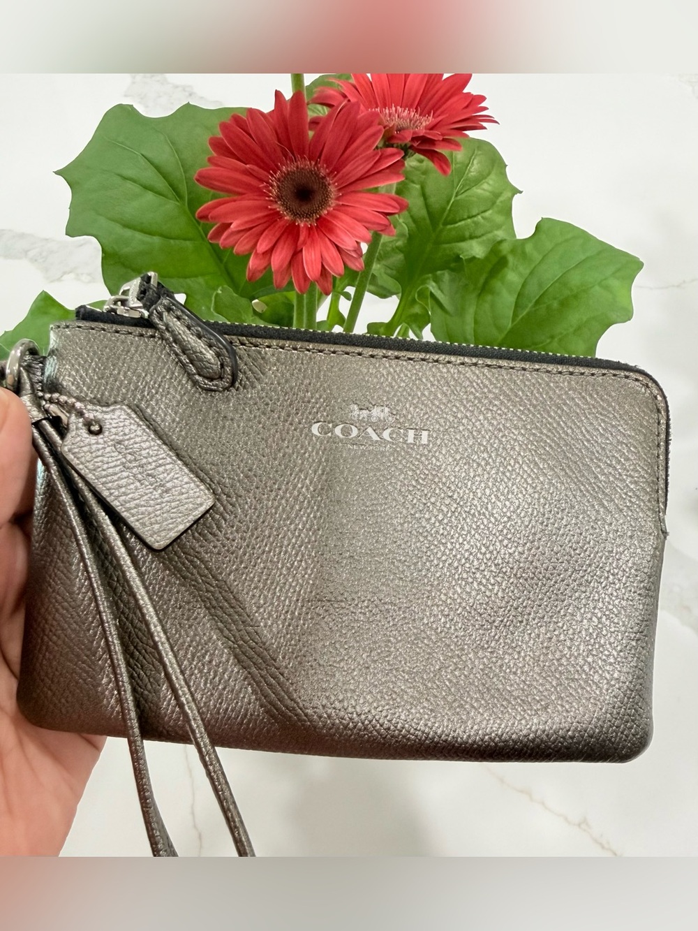 Coach Metallic Silver Corner Zip Wristlet